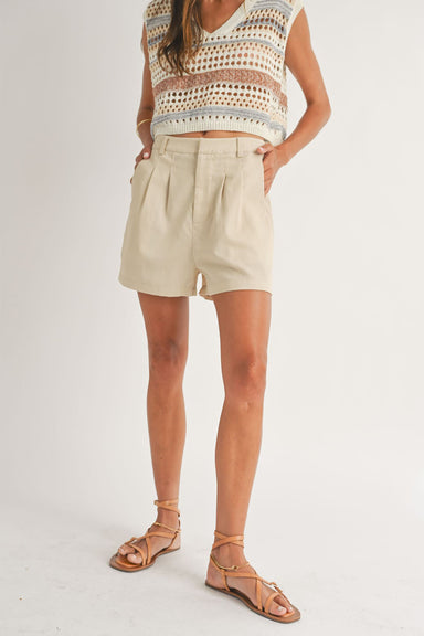 Sage the Label - Dusty Air Pleated Shorts - Tan - Front