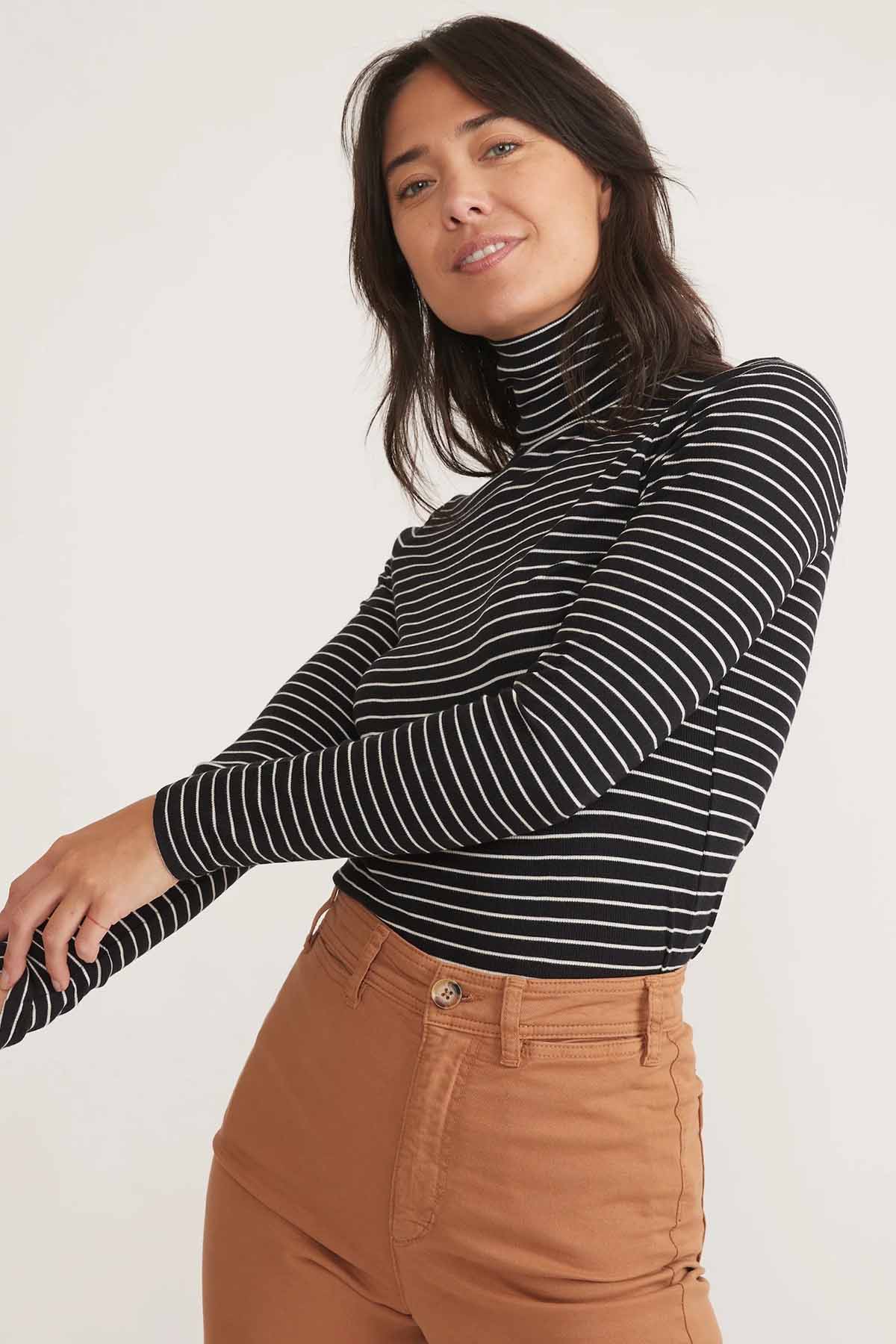 Marine Layer - Lexi Rib Turtleneck - Black/White Stripe - Side