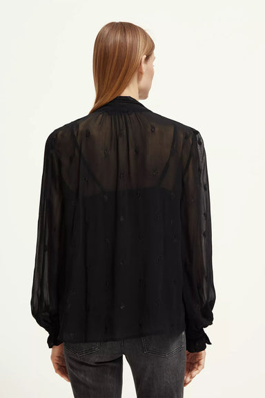 Scotch & Soda - Embroidered Tie Neck Top - Black Sheer Jacquard - Back