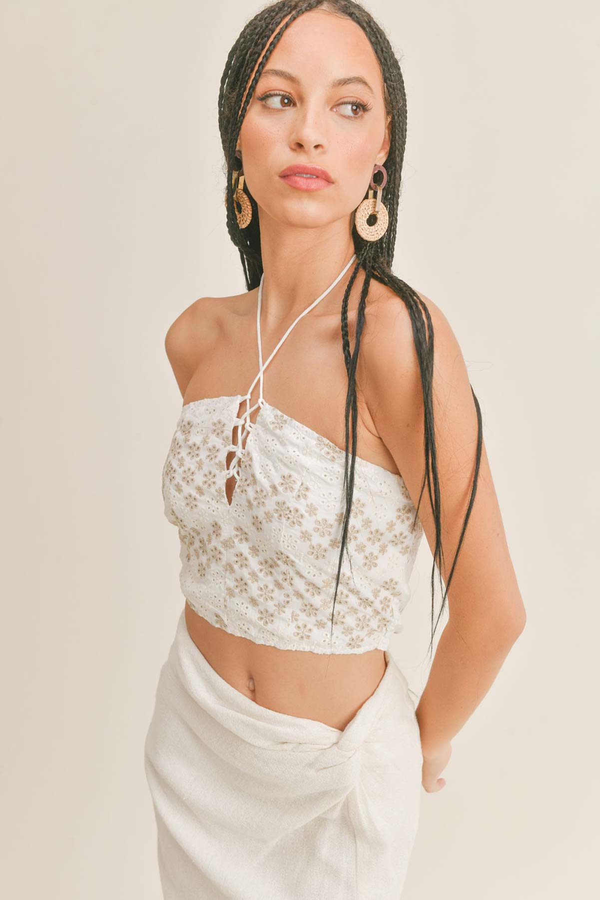 Sage the Label - Emmeline Lace Up Top - White Taupe - Profile