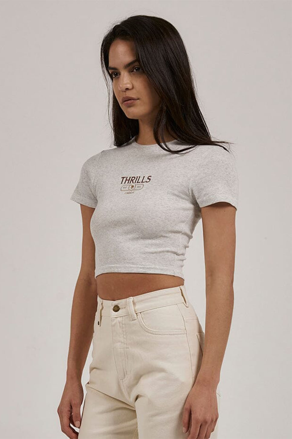 Thrills - Bad Habits Club Baby Tee - White Marle - Profile