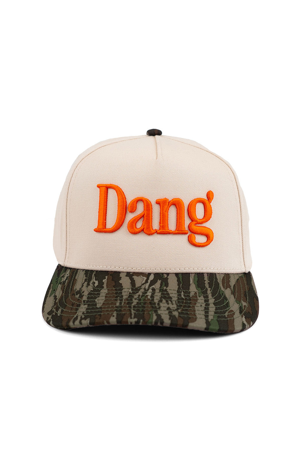Pearl of the West hat in cream and camo with the word Dang in bright orange on front front view