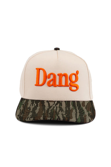 Pearl of the West hat in cream and camo with the word Dang in bright orange on front front view