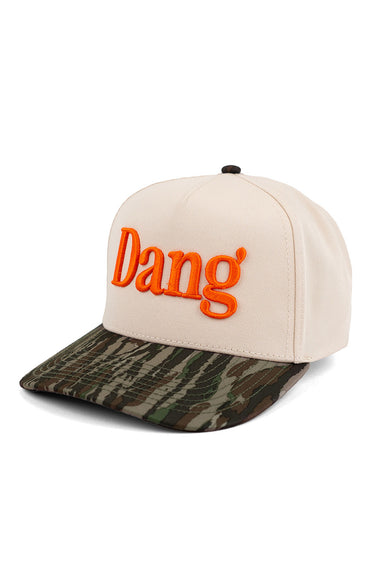 Pearl of the West hat in cream and camo with the word Dang in bright orange on front profile view