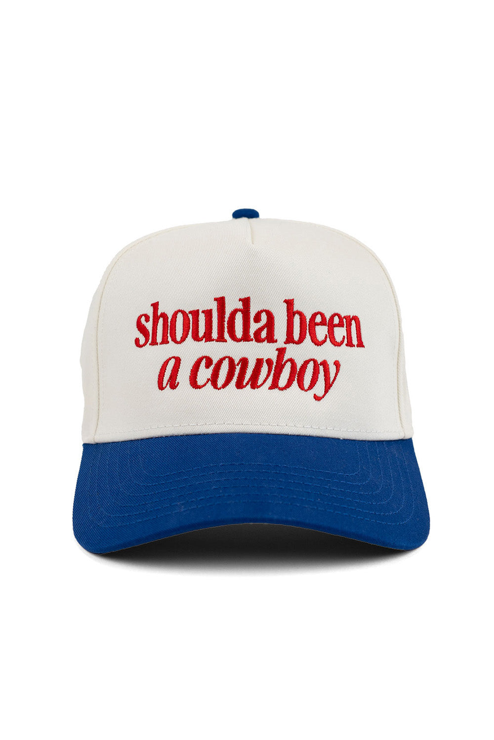 Pearl of the West snapback hat in cream and blue with the words shoulda been a cowboy in bold red on front front view