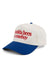 Pearl of the West snapback hat in cream and blue with the words shoulda been a cowboy in bold red on front profile view