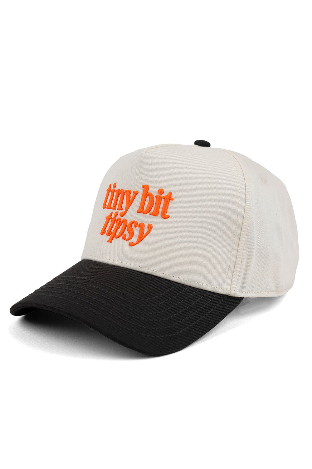 Pearl of the West snapback hat in cream and black with the words tiny bit tipsy in bright orange on front profile view