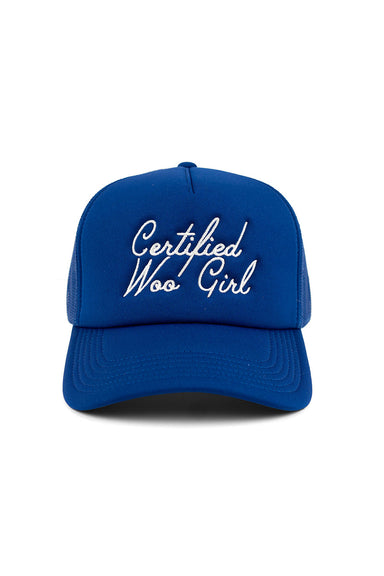 Pearl of the West trucker hat in liberty blue with white embroidery saying certified woo girl front view