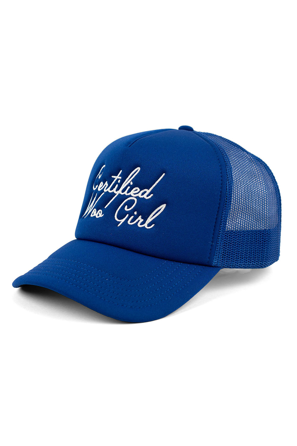 Pearl of the West trucker hat in liberty blue with white embroidery saying certified woo girl profile view