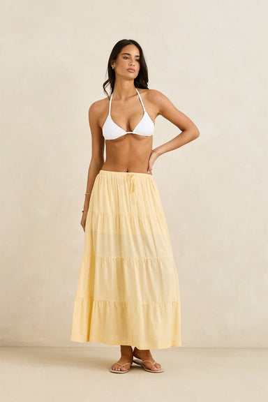 Rhythm's Classic Tiered Maxi Skirt in Butter front view