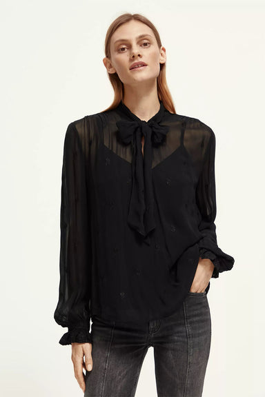 Scotch & Soda - Embroidered Tie Neck Top - Black Sheer Jacquard - Front