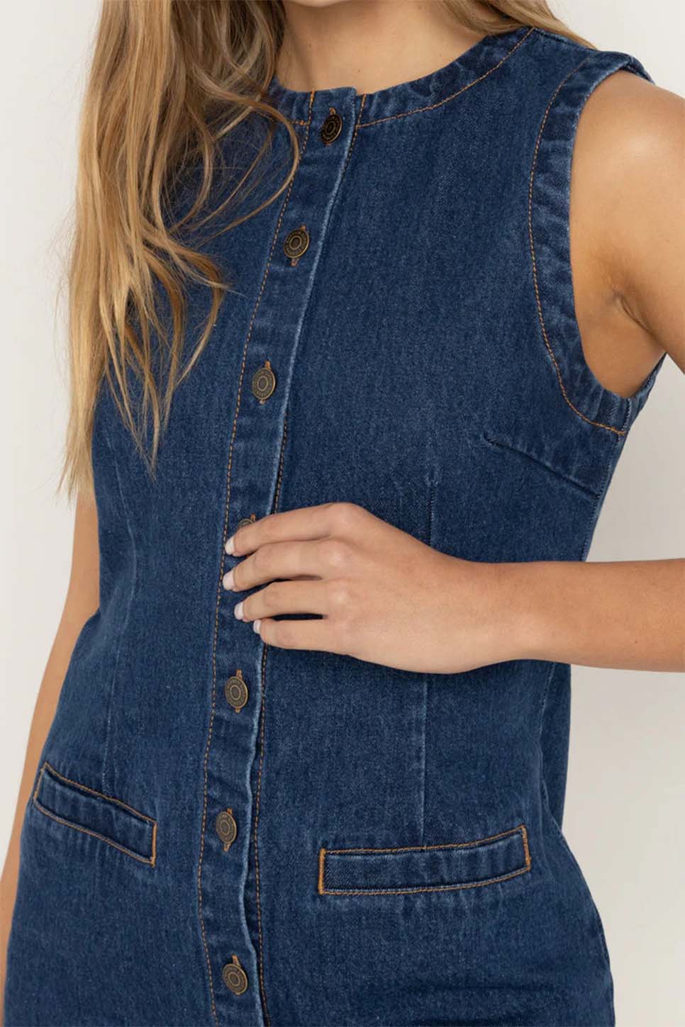 Rhythm - Gia Denim Dress - Blue Wash - Detail