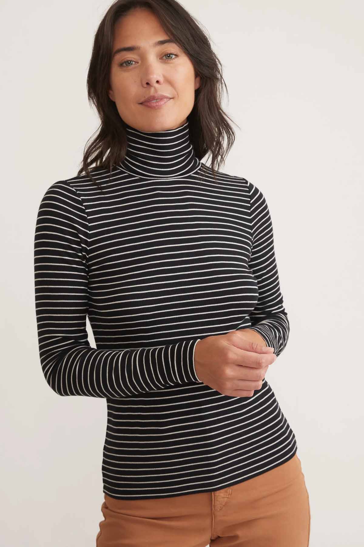 Marine Layer - Lexi Rib Turtleneck - Black/White Stripe - Front