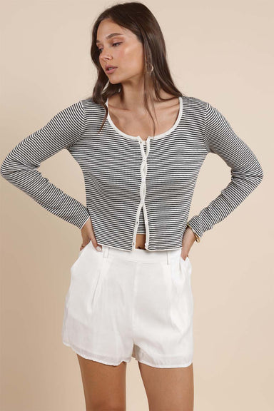 Sadie & Sage - Prepster Buttoned Striped Cardigan - Ivory Black - Front