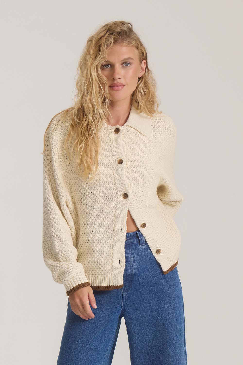 Roark Revival Open Roads Cardigan in Bone — Front view
