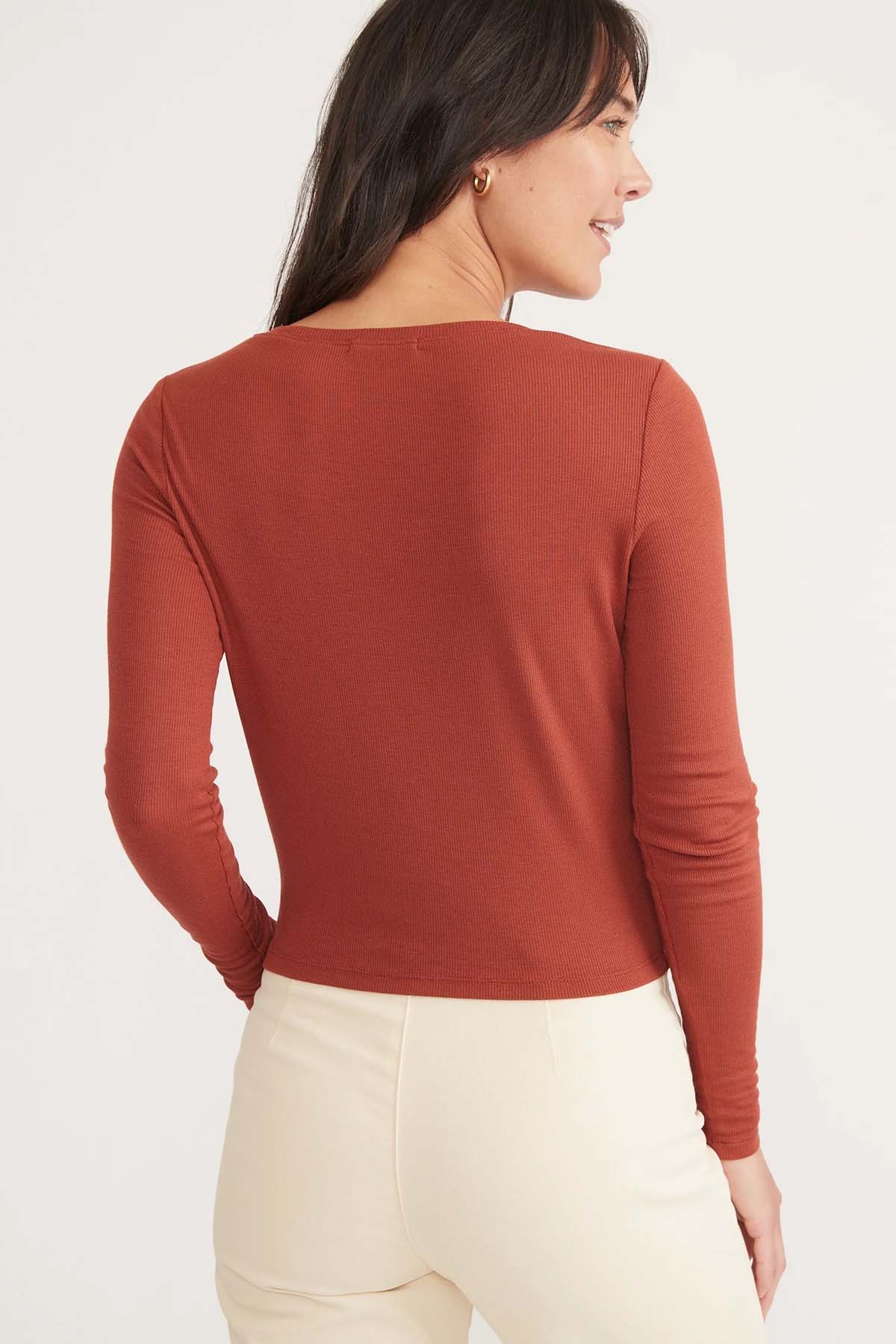 Marine Layer - Lexi Rib LS Twist Front - Burnt Henna - Back