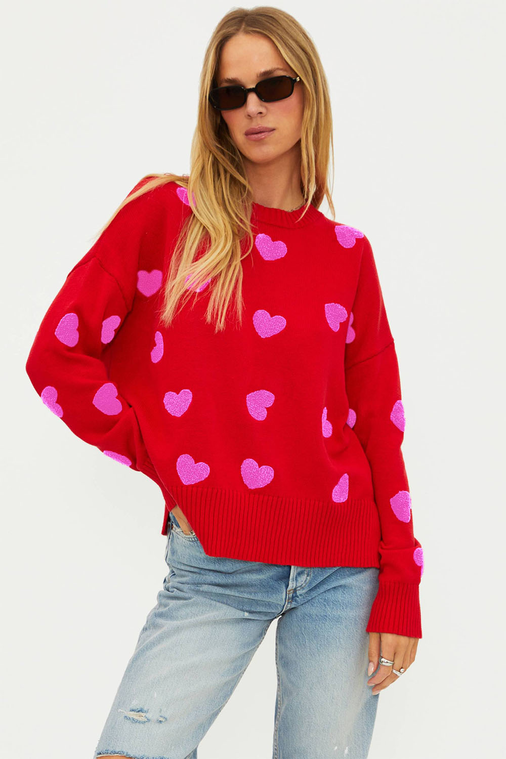 beach riot callie hearts sweater in royal red hearts