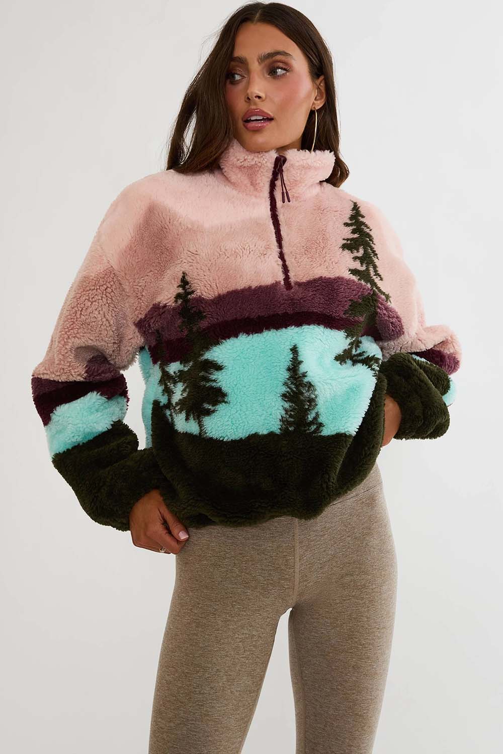 Beach Riot Leona Sherpa Top in Wilderness — quarter view, hands in pockets
