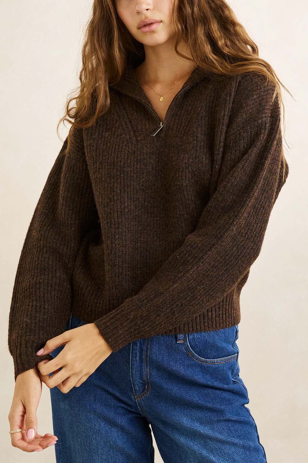 rhythm quincy zip knit chocolate front