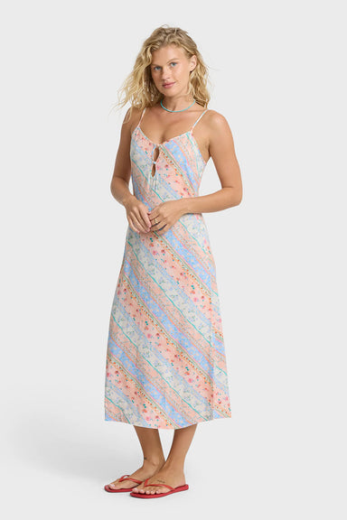 Billabong Fresh Daze Midi Dress in Pale Peach — Front view, hands clasped
