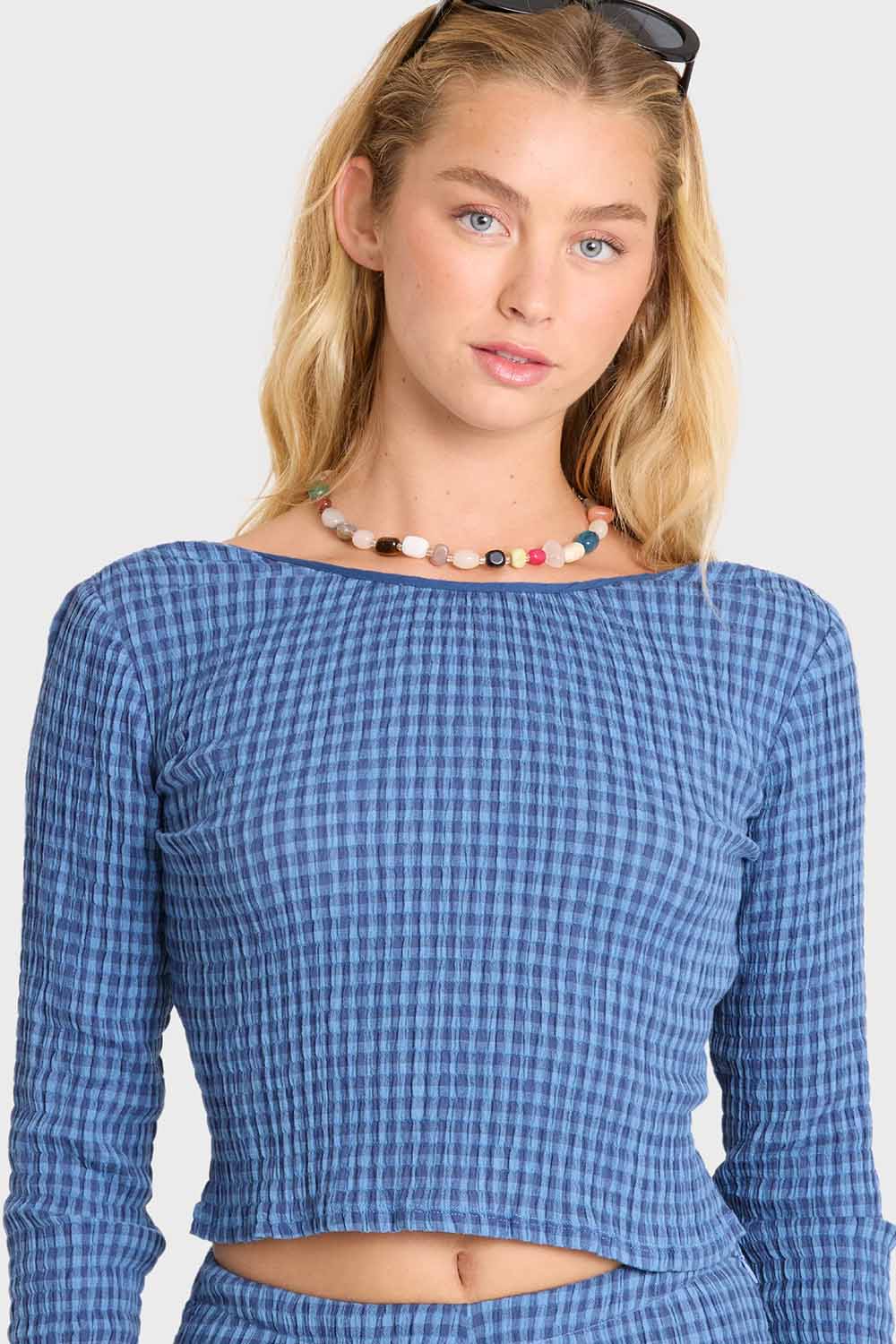 Billabong Twilight Dreamer Long Sleeve Top in True Navy — Neckline detail view