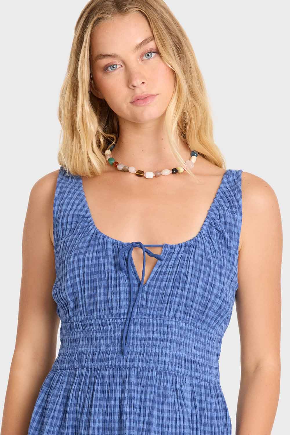 Billabong Twilight Dreamer Mini Dress in True Navy — Neckline detail view