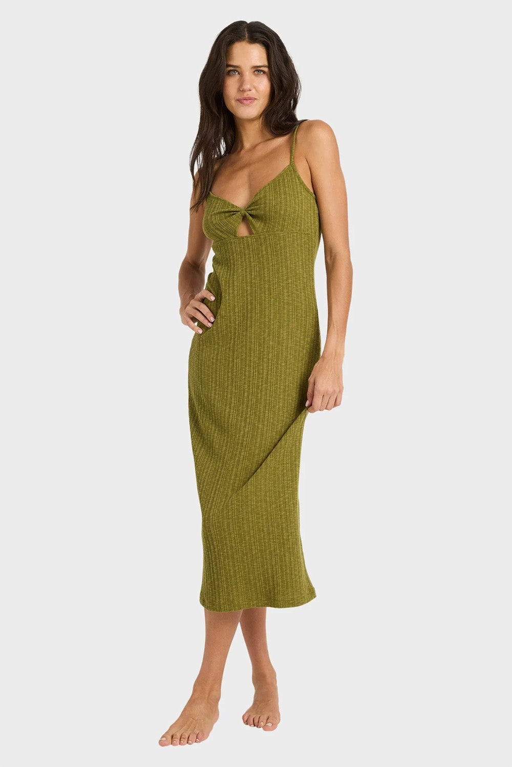 billabong sweet moves midi dress dark olive front