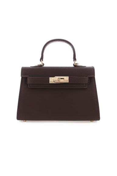 billini harieette handle bag in chocolate saffiano front view