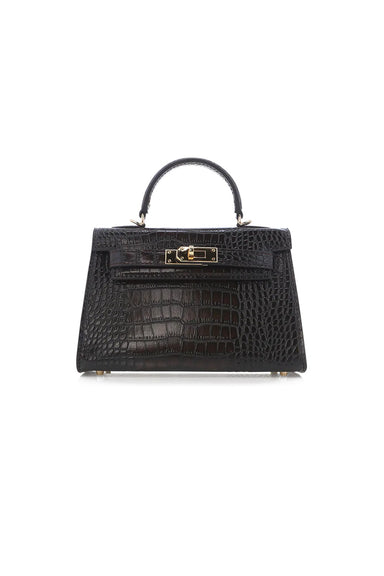 billini hariette handle bag in dark cacao croc front view