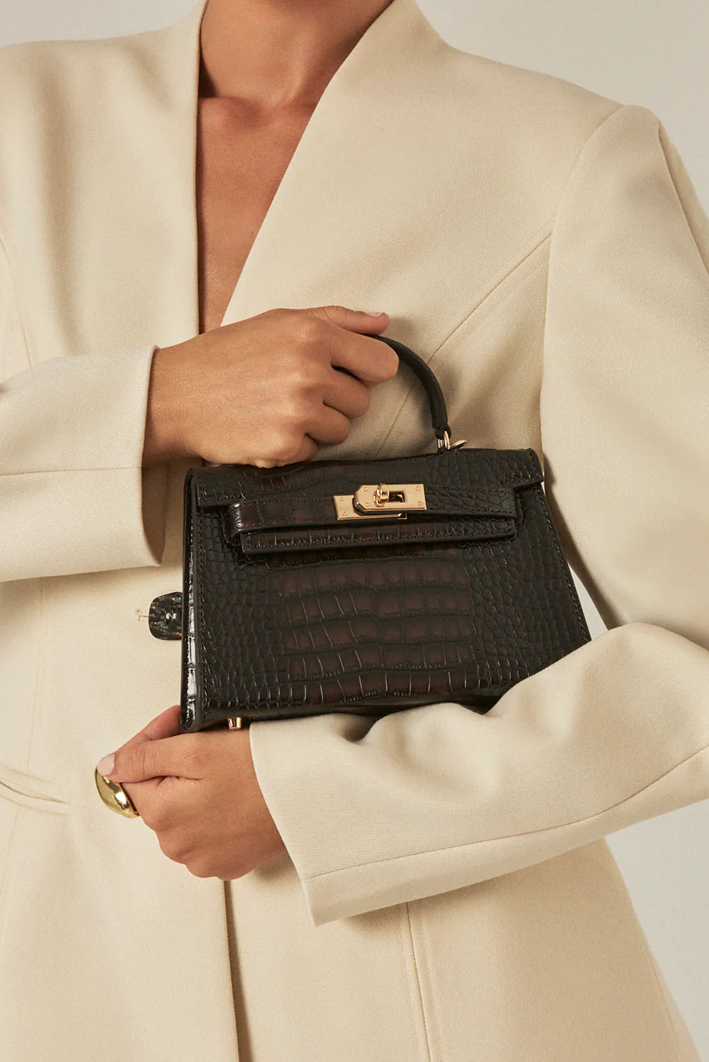 billini hariette handle bag in dark cacao croc model view