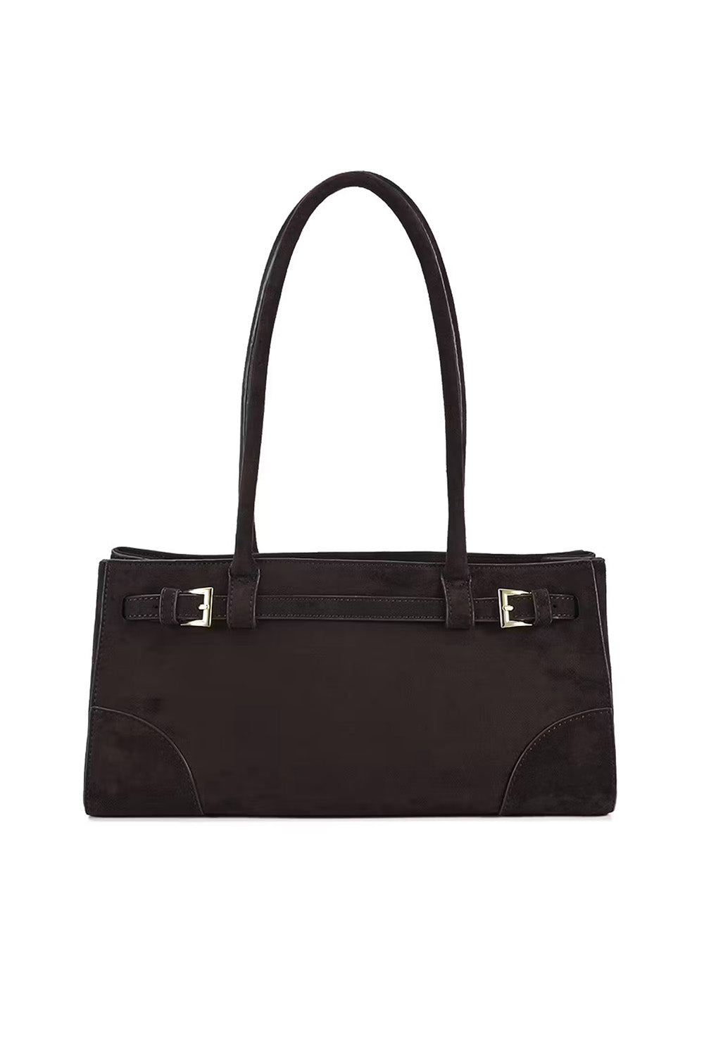 A dark brown suede handbag with long shoulder straps and decorative strap details across the front with silver-tone buckles, shown against a plain white background.