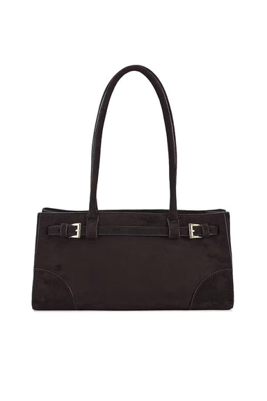 A dark brown suede handbag with long shoulder straps and decorative strap details across the front with silver-tone buckles, shown against a plain white background.