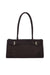 A dark brown suede handbag with long shoulder straps and decorative strap details across the front with silver-tone buckles, shown against a plain white background.