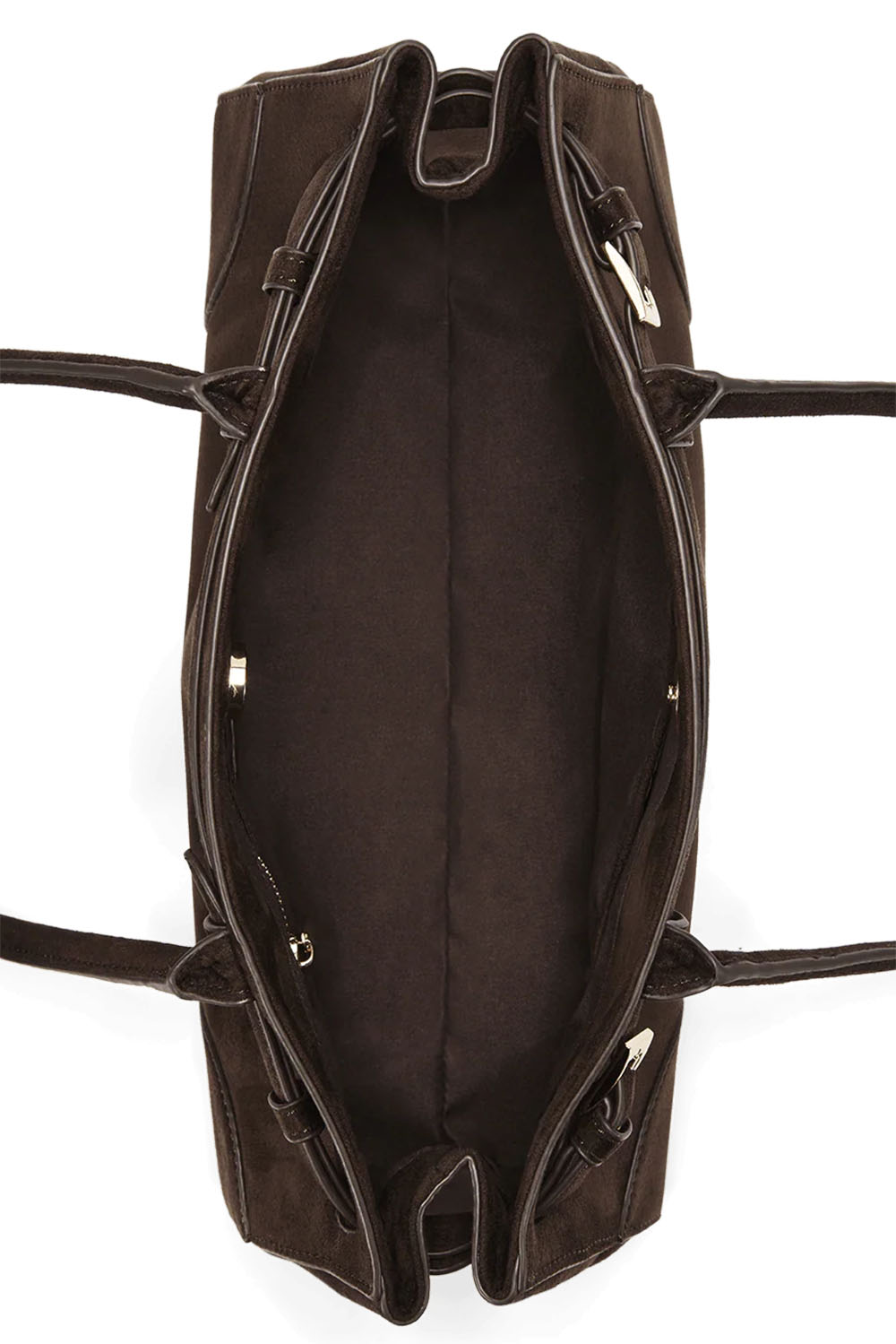 A dark brown suede tote bag shown from a top-down view, highlighting its spacious interior, double zipper closure, and shoulder straps against a white background.