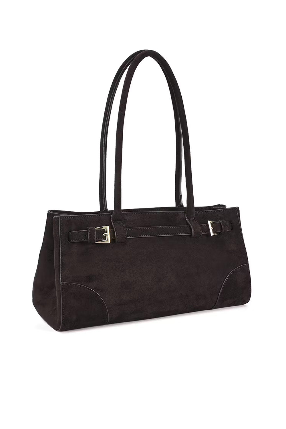 A dark brown suede shoulder bag with double top handles and a decorative strap detail across the front with silver-tone hardware, shown on a plain white background.