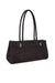 A dark brown suede shoulder bag with double top handles and a decorative strap detail across the front with silver-tone hardware, shown on a plain white background.