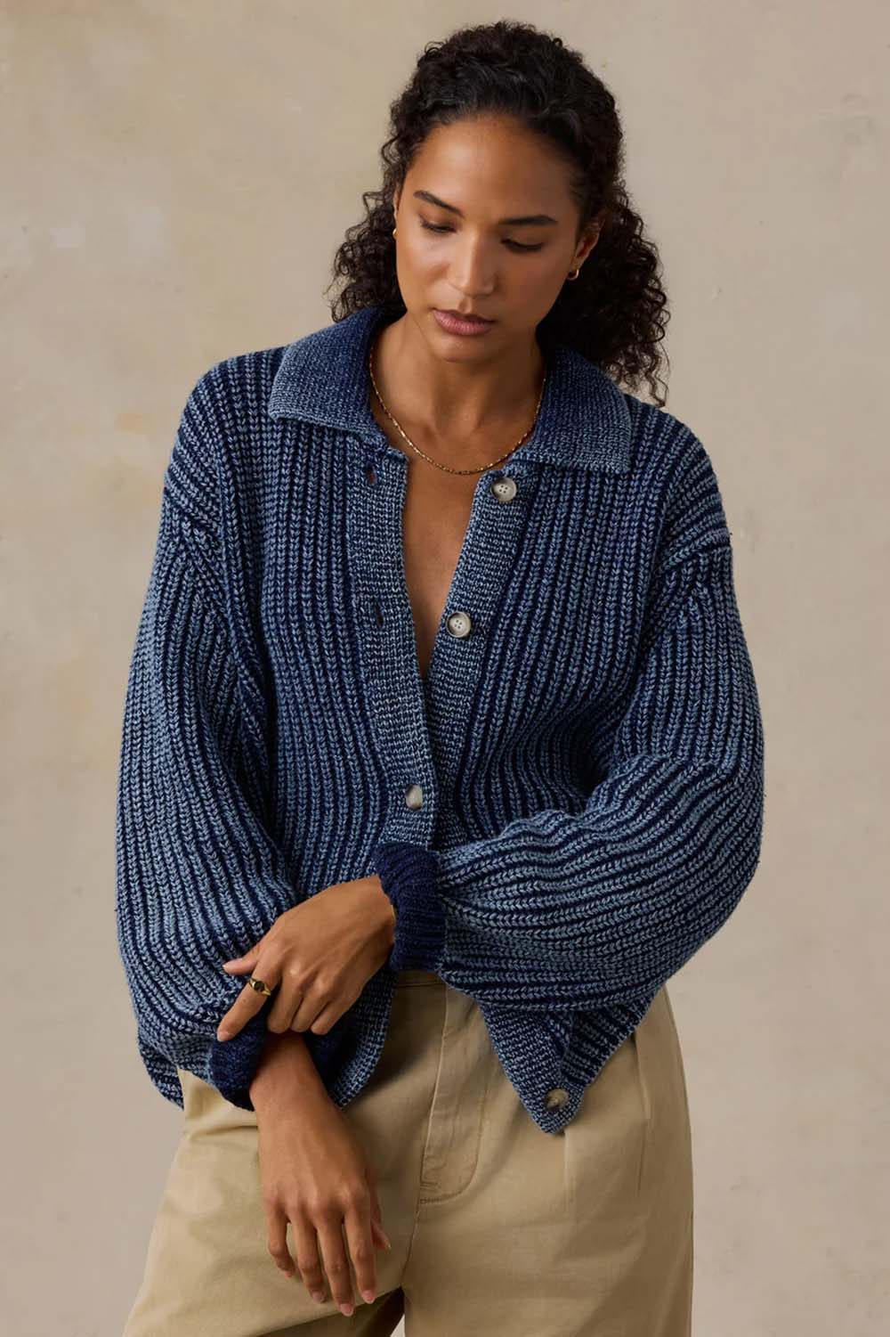 Faherty Sunwashed Lodge Cardigan in Midnight Indigo Wash — Front view