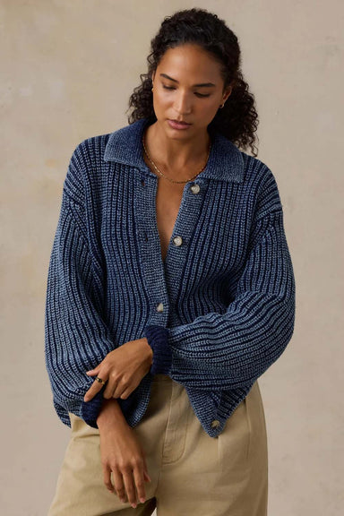Faherty Sunwashed Lodge Cardigan in Midnight Indigo Wash — Front view