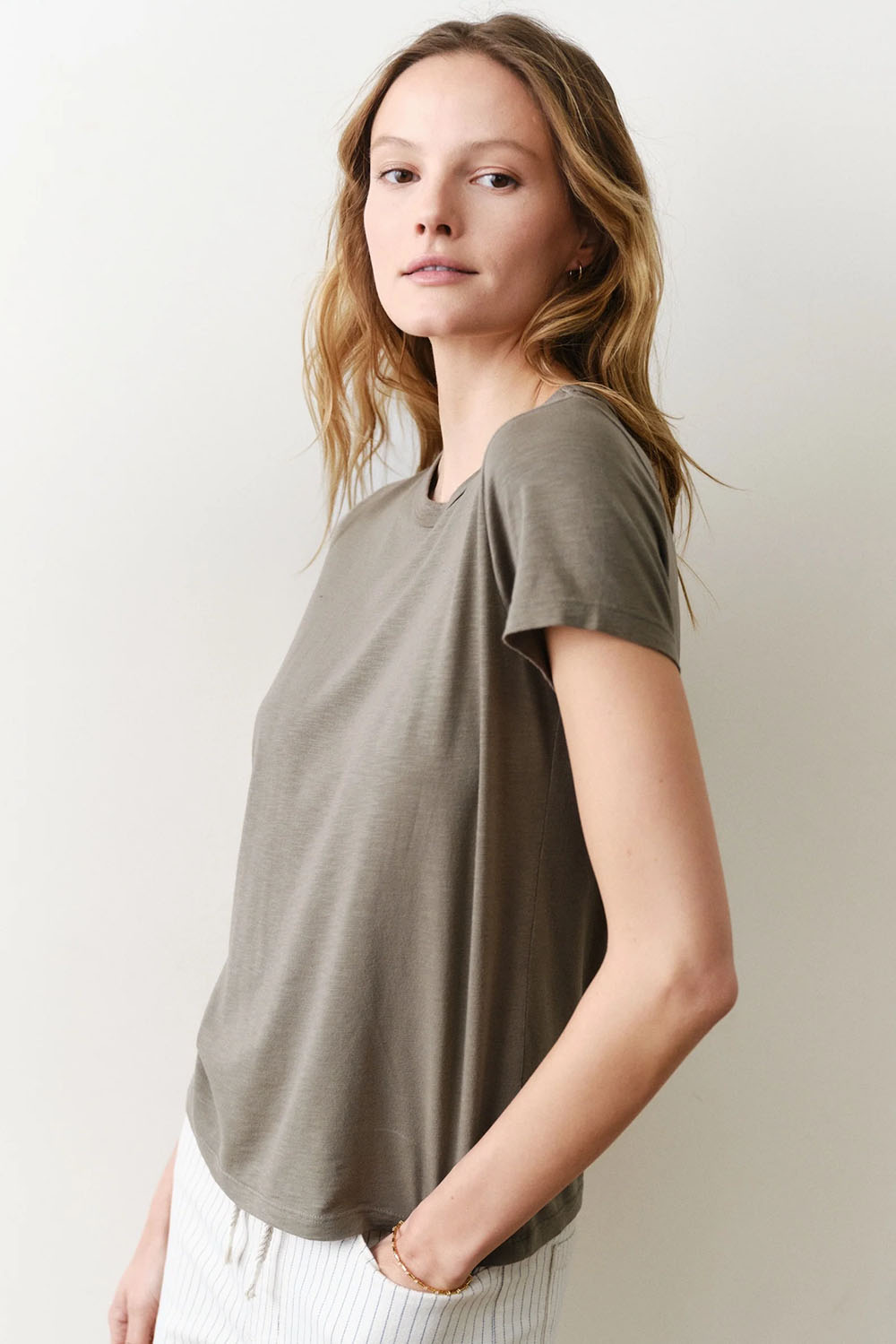 Marine Layer Tried & True Crew Tee in Faded Olive — Side view