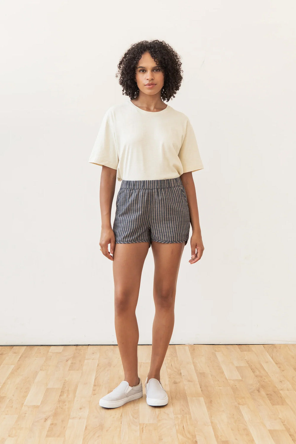 bridge and burn luca track short denim herringbone stripe front