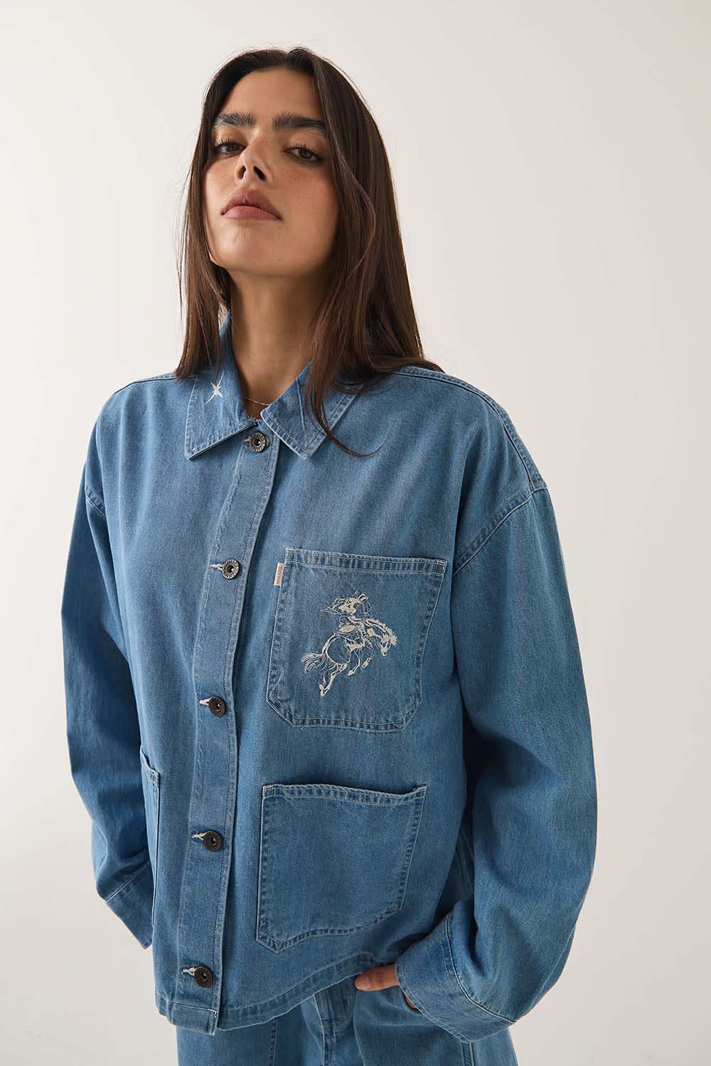 Brixton Barn Jacket in Light Stone Wash — Pocket detail view