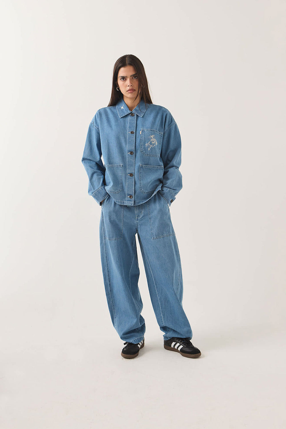 Brixton Barn Jacket in Light Stone Wash — Full-body view