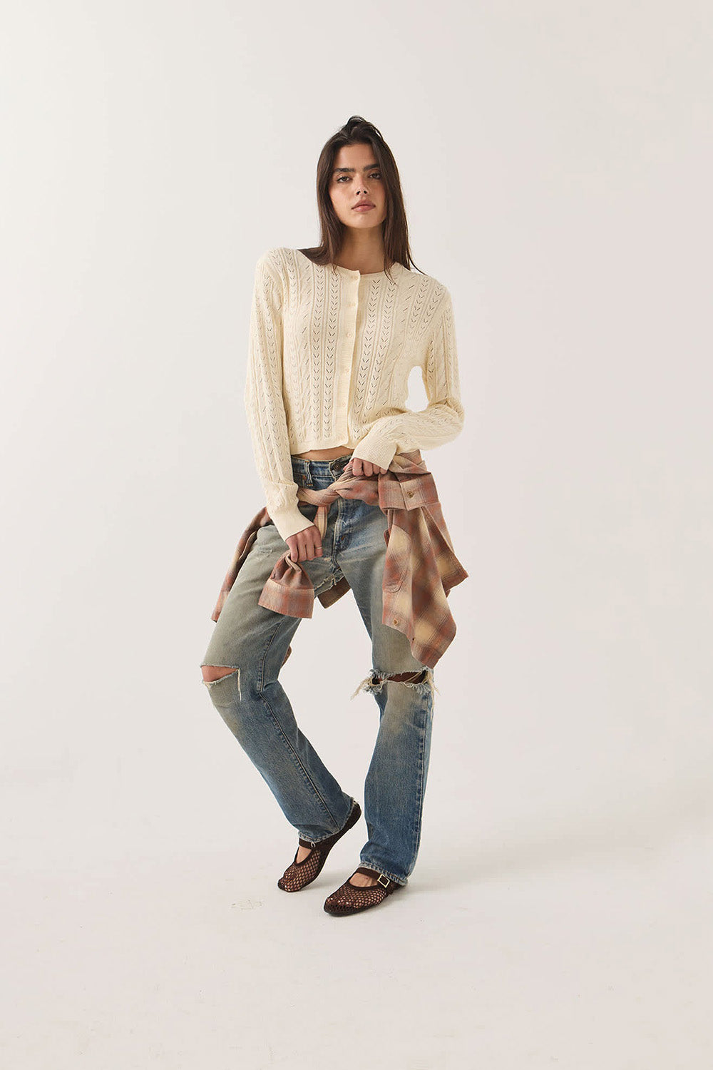 Brixton Bixby Lightweight Cardigan in Wax Paper — Full-body view
