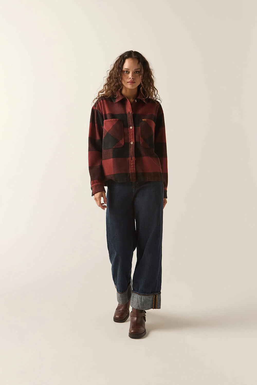 Brixton Bowery Soft Brushed Flannel in Dark Brick/Black — Full-body view