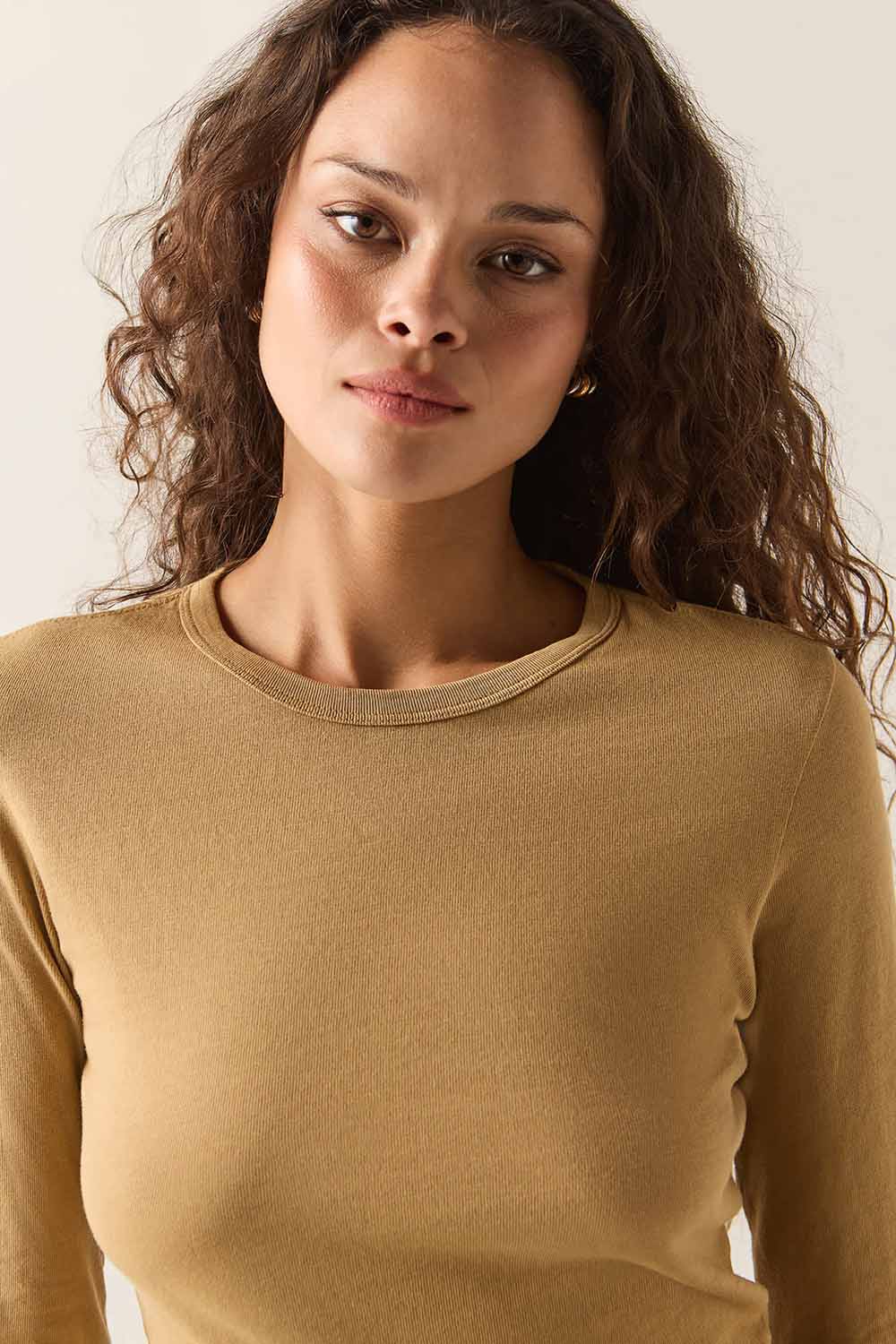 Brixton Carefree Long Sleeve Tee in Khaki — Front view