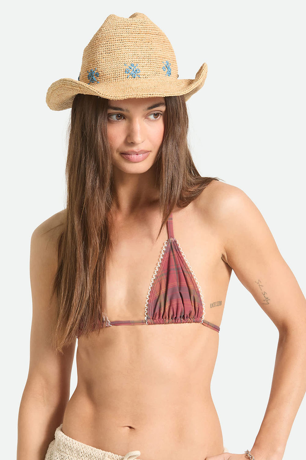 brixton odessa straw packable hat tan sunrise blue front
