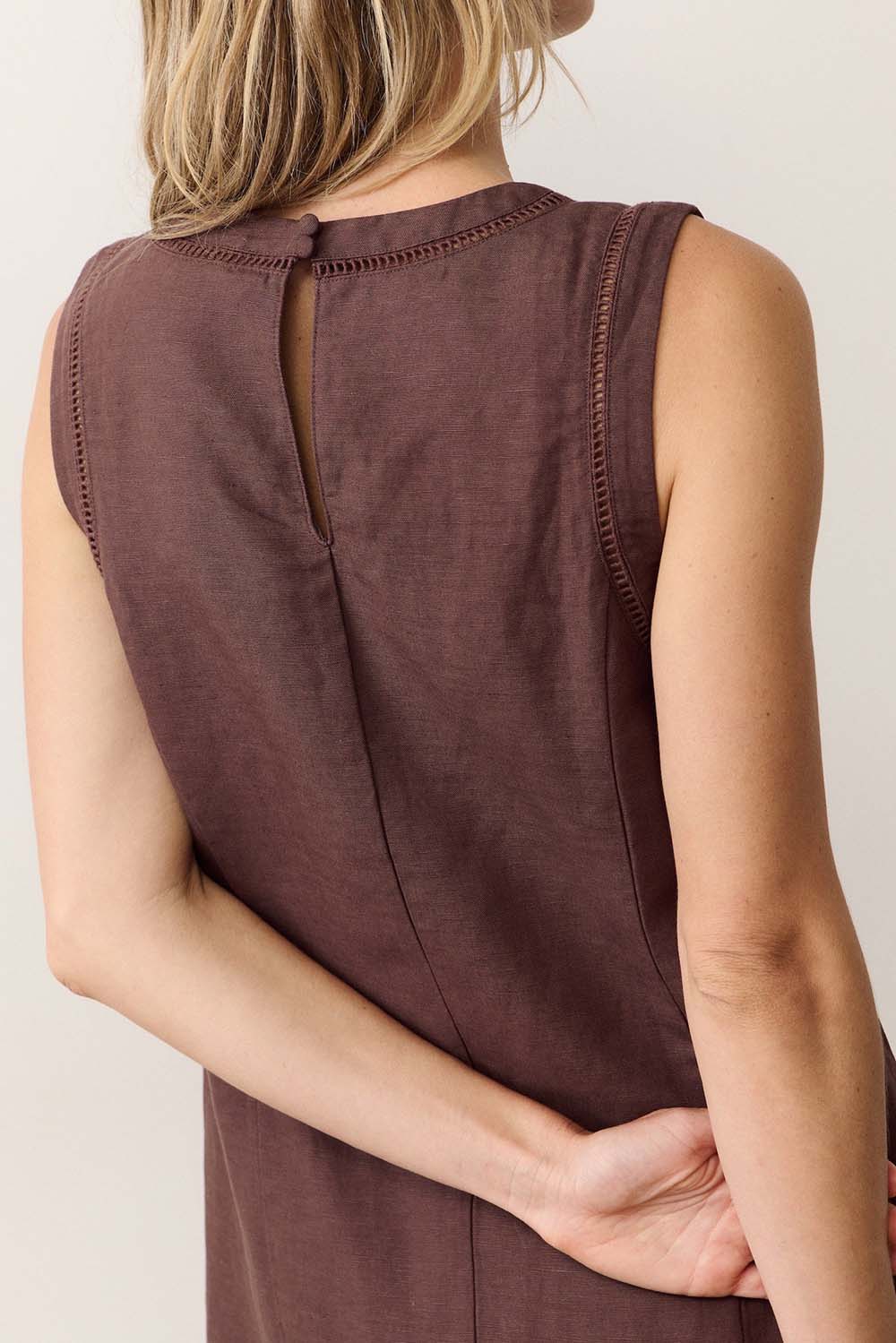 marine layer cora linen mini dress chocolate back detail
