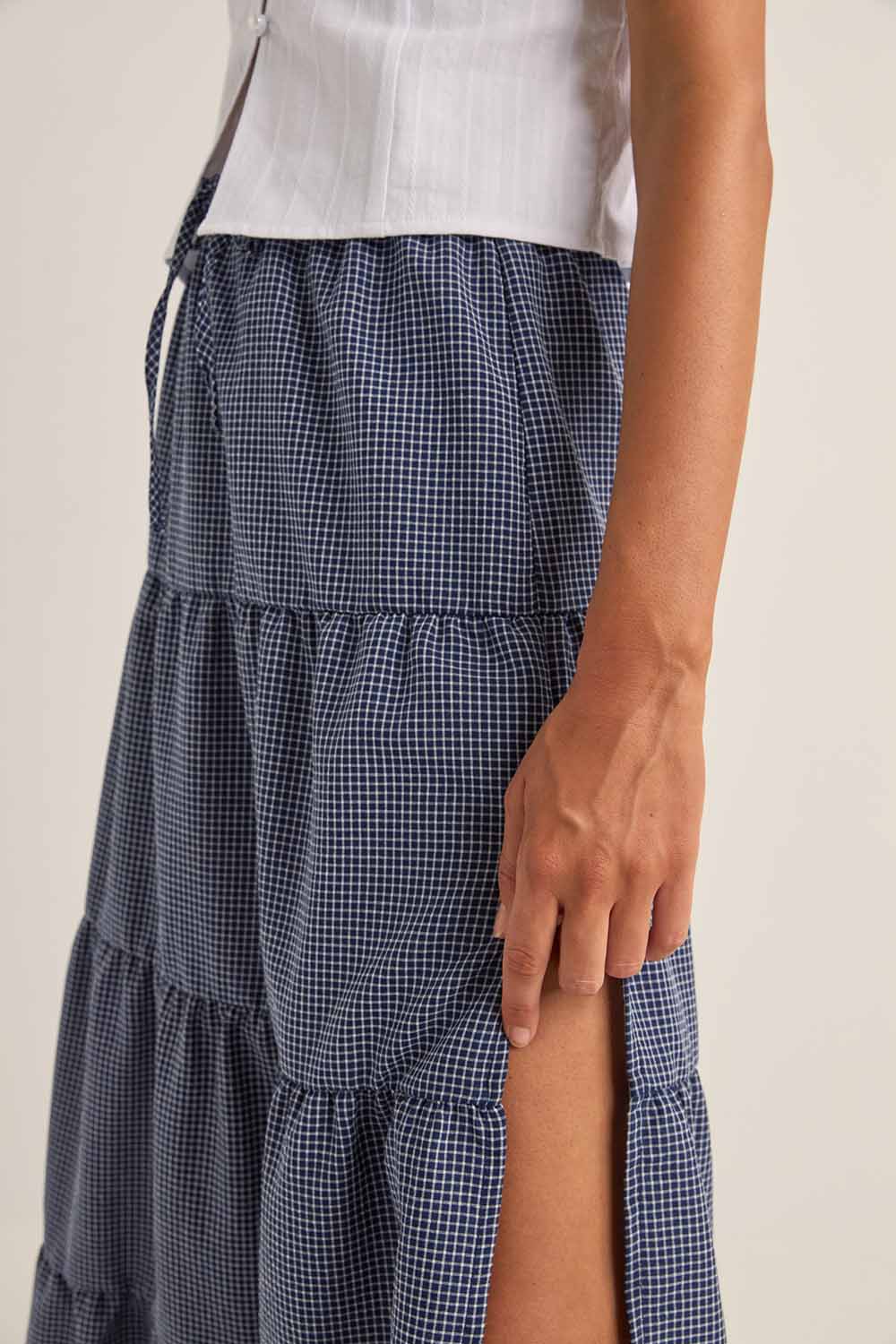 Rhythm - Lola Check Tiered Maxi Skirt - Navy - Detail