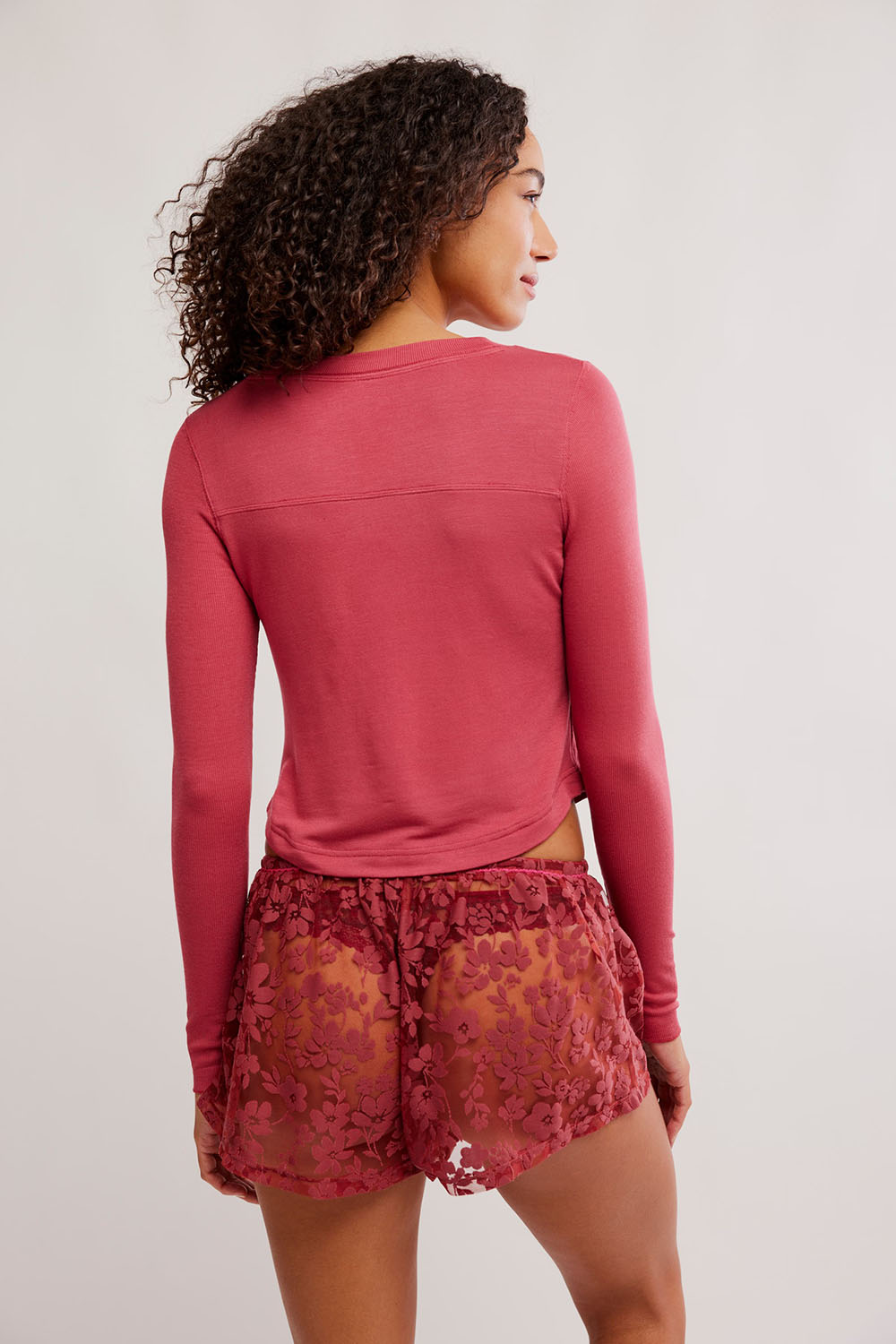Free People Early Sunsets Lace Short in Garnet Rose — Back view