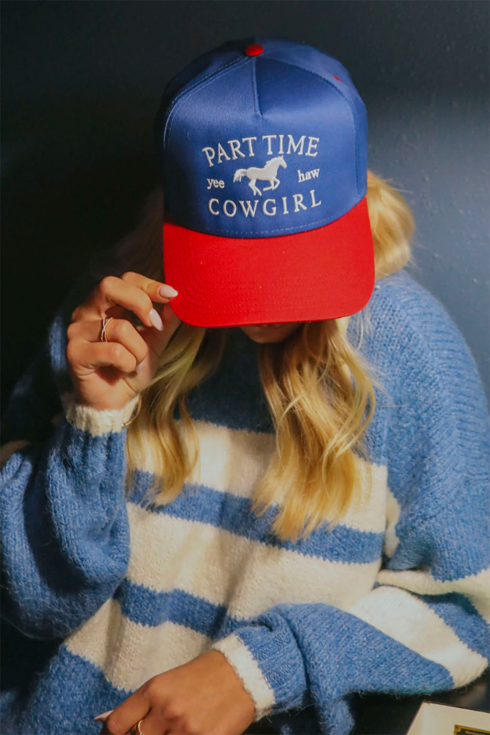 charlie southern PART TIME COWGIRL TRUCKER HAT Blue/Red model front